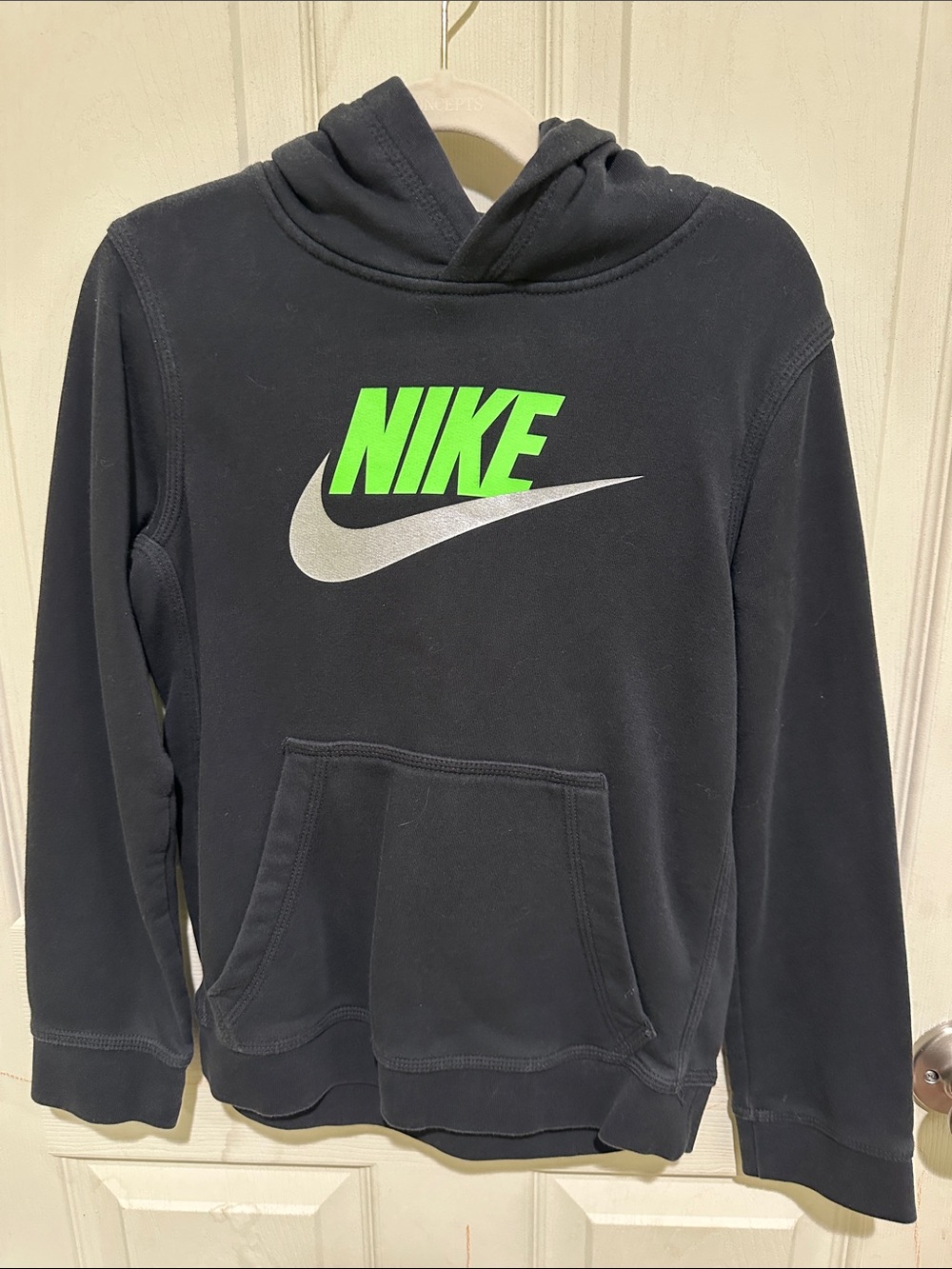 Nike Black Hoodie with Neon Green Logo and Silver Swoosh